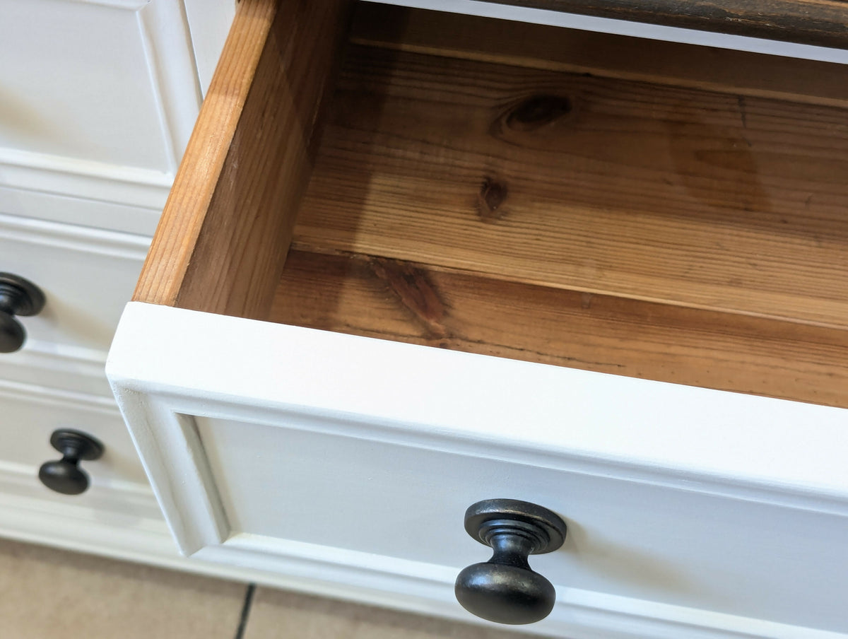 Solid pine rustic off white taupe chest of drawers merchant low boy sideboard