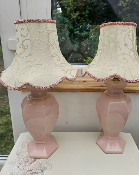 Vintage St Michael hexagonal ceramic ginger jar table lamps in pastel pink