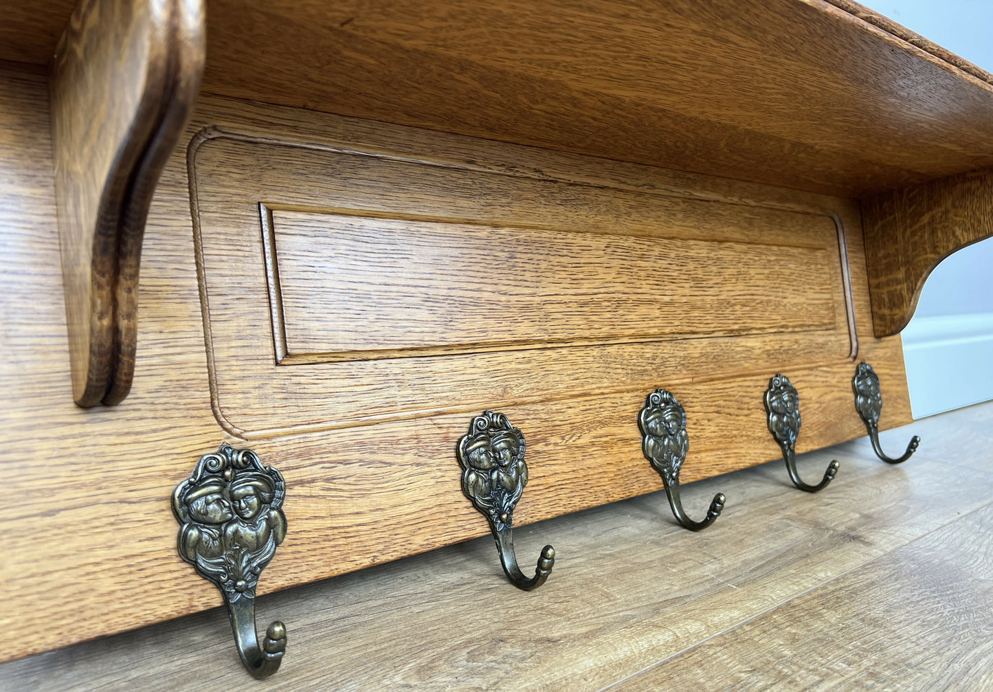 Coat Rack Vintage French Oak Wall Mounted 5 Hooks Carved Rack Hanger LOT 6203