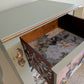 Vintage upcycled tallboy chest of drawers pale green with floral decoupage