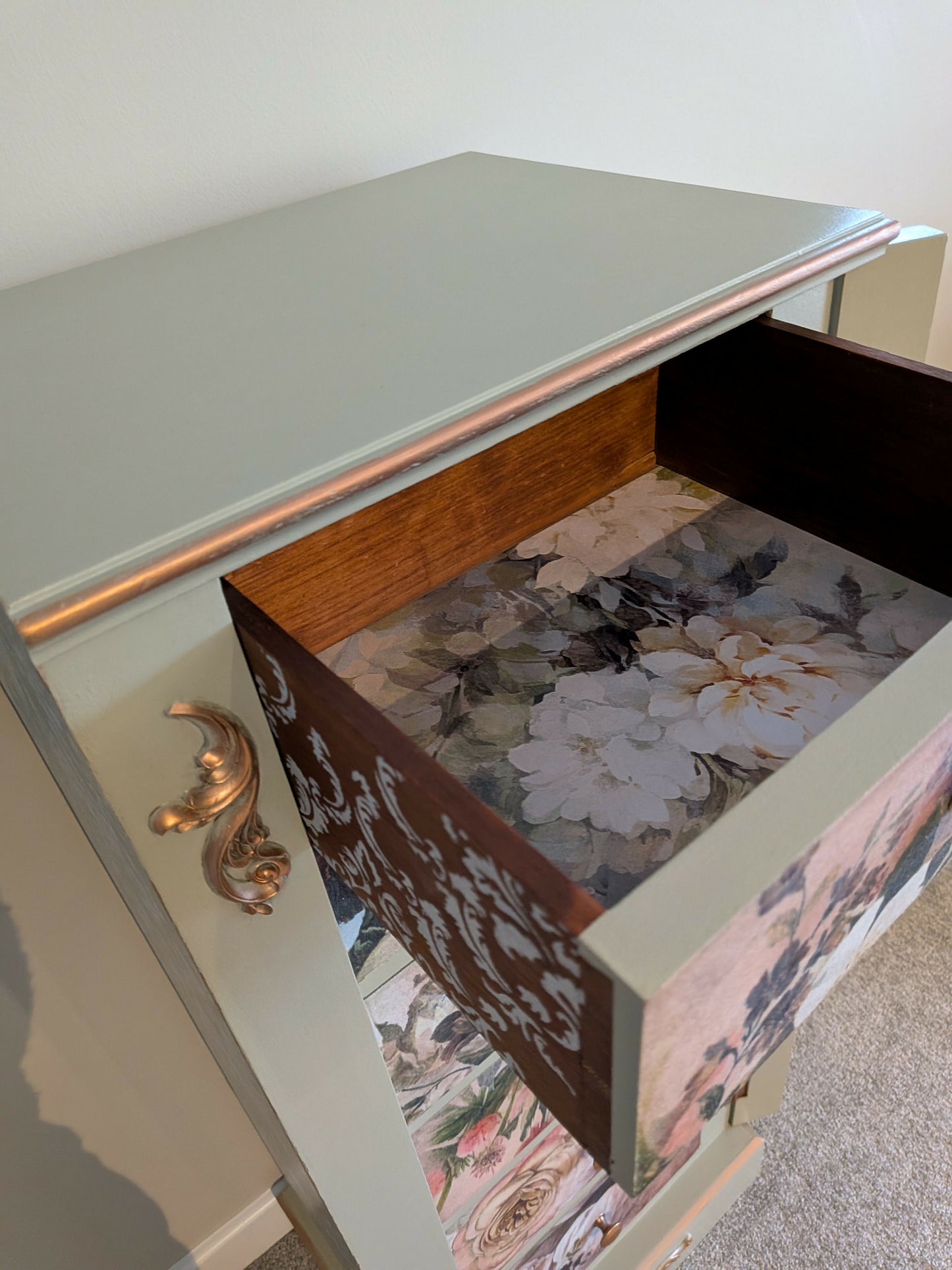 Vintage upcycled tallboy chest of drawers pale green with floral decoupage