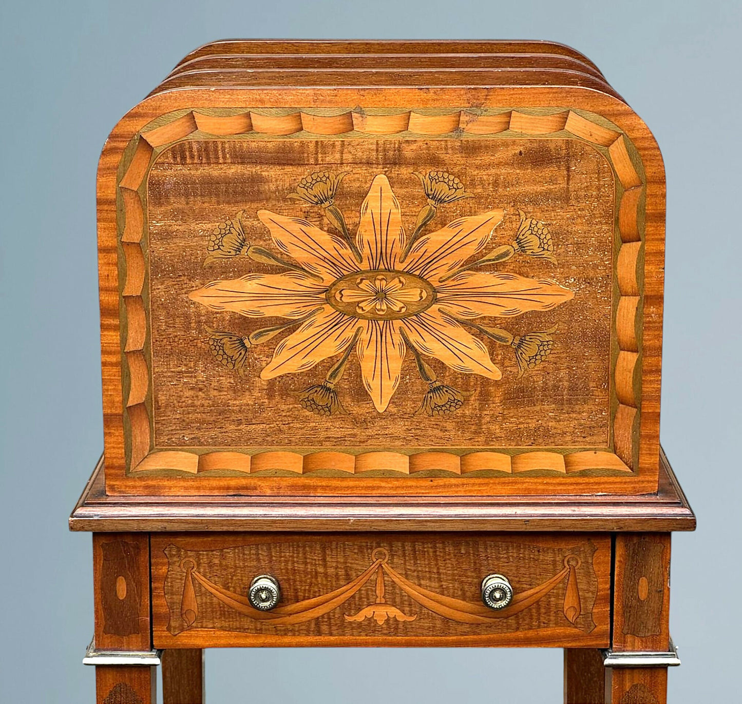 Sheraton Revival Inlaid Mahogany Canterbury Stand / Magazine Rack