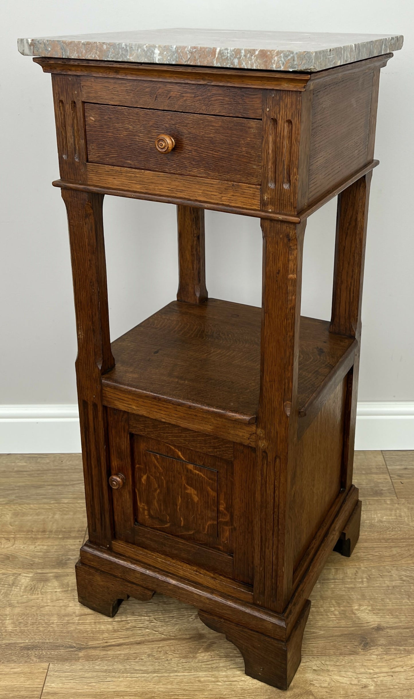 Bedside Table Antique French Style Marble Top Oak Cabinet Nightstand LOT 6236