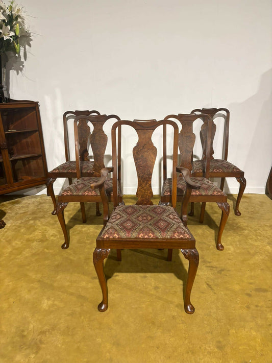 Vintage Burr Walnut Veneered Set Of Five Dining Chairs