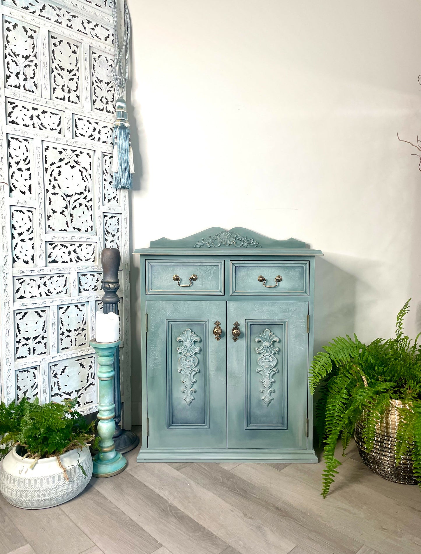 Vintage Solid Pine Cabinet | Hand Painted Duck Egg Blue Cupboard | Floral Decoupage Interior | UK Delivery Included