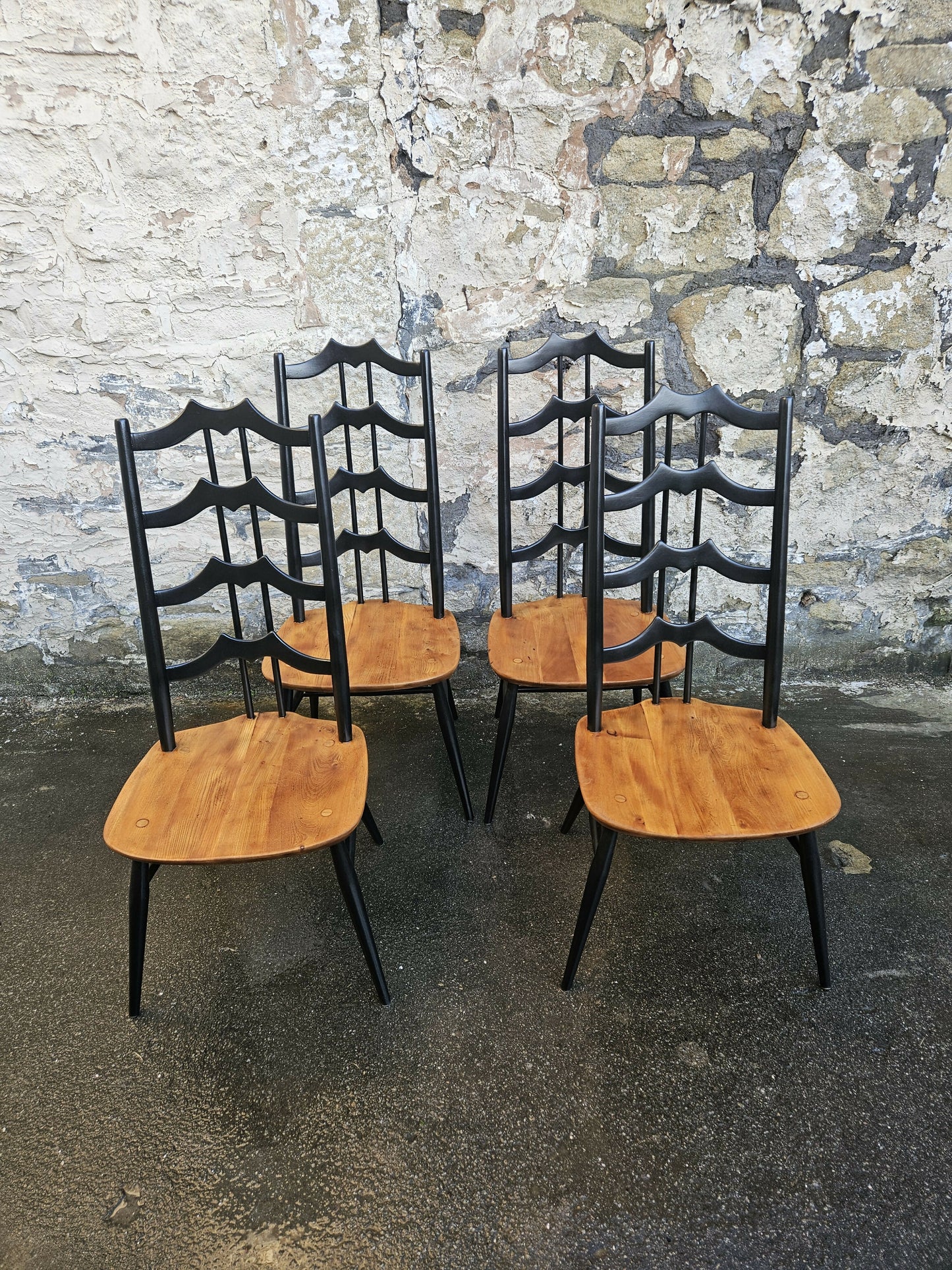 Set Of Four Ercol Batwing Dining Chairs Model Number 496 In Black Super Rare