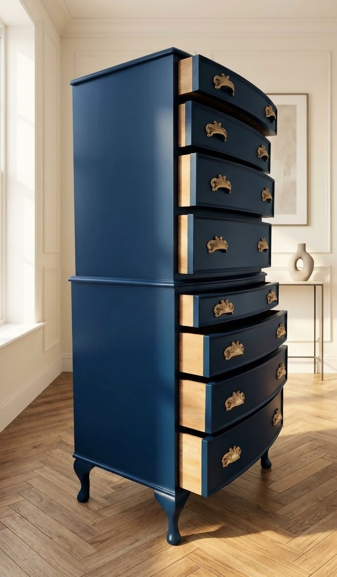 Vintage art deco Navy blue tallboy chest of drawers