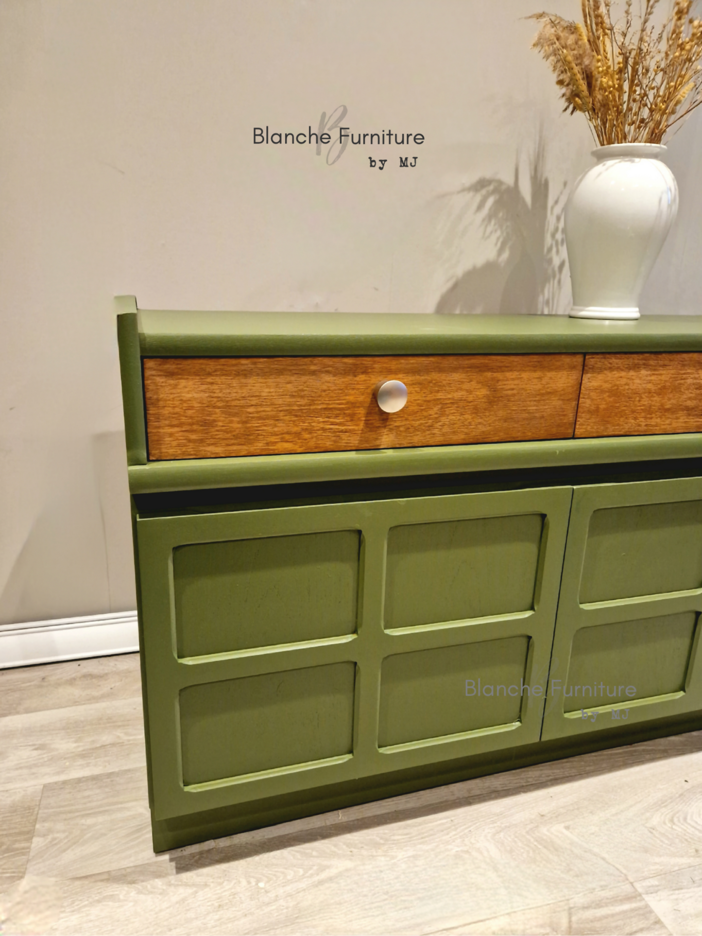 Large Olive Green Nathan Sideboard with Square Brushed Steel Handles