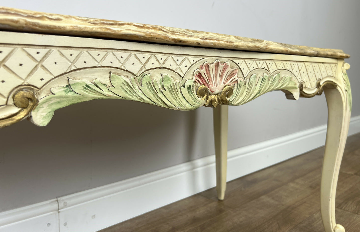 Coffee Table Vintage Shabby Chic Louis XVI Marble Top Carved Table LOT 6278