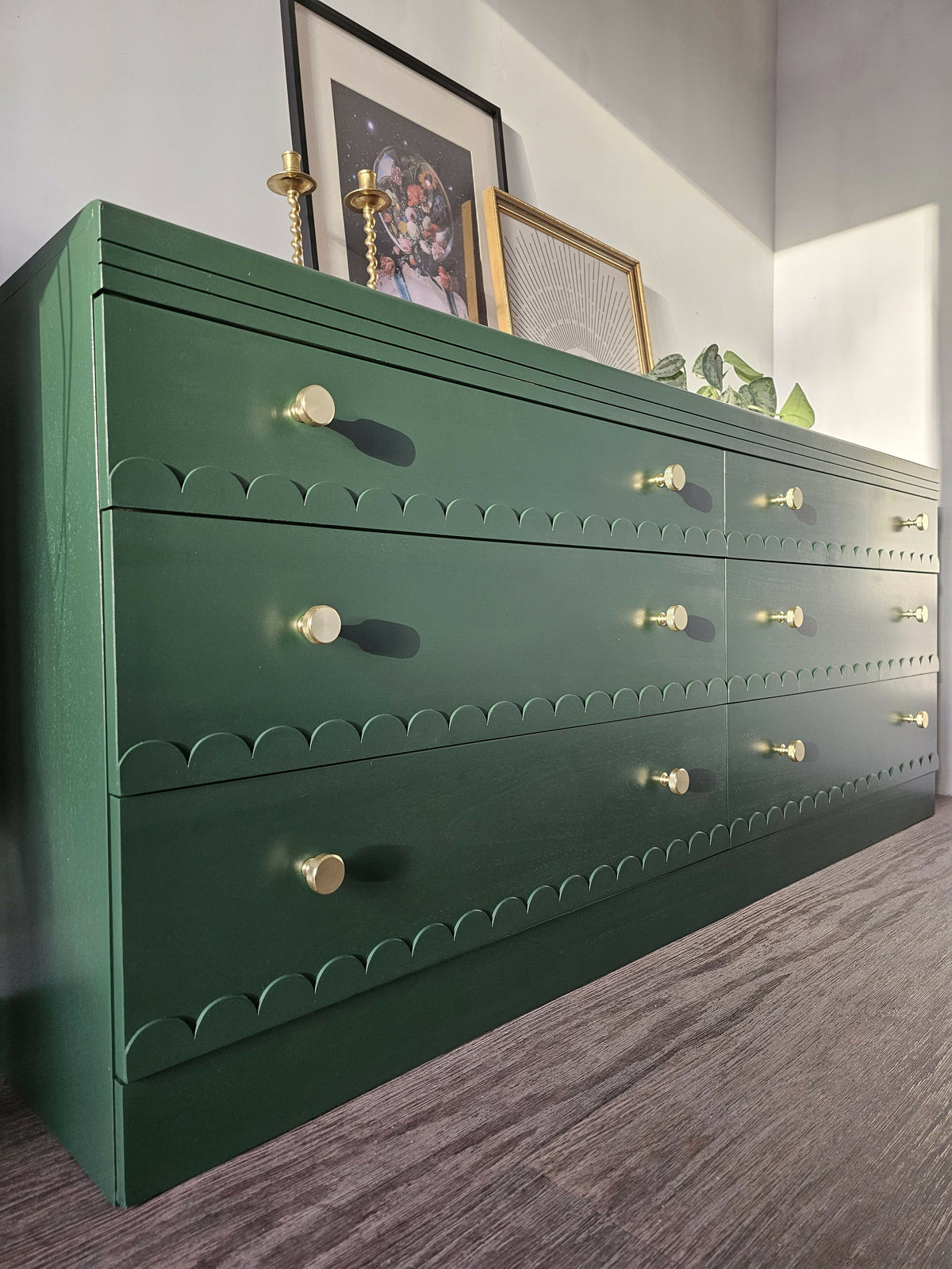 Large Vintage Dark Green Chest of Drawers with Scallops