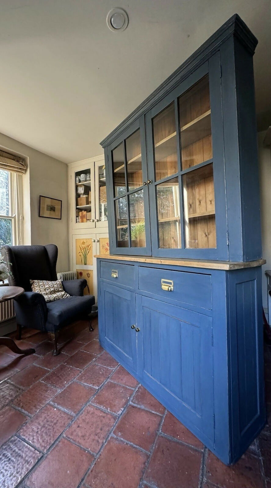 Vintage Pine Blue Painted Display China Glazed Dresser Cupboard Cabinet Bookcase