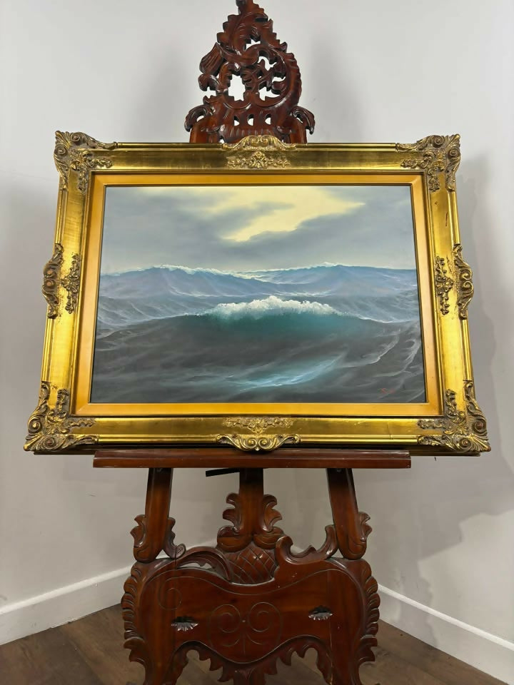 Oil on Canvas Seascape Painting – Signed “Sauli” – Ornate Gilt Frame