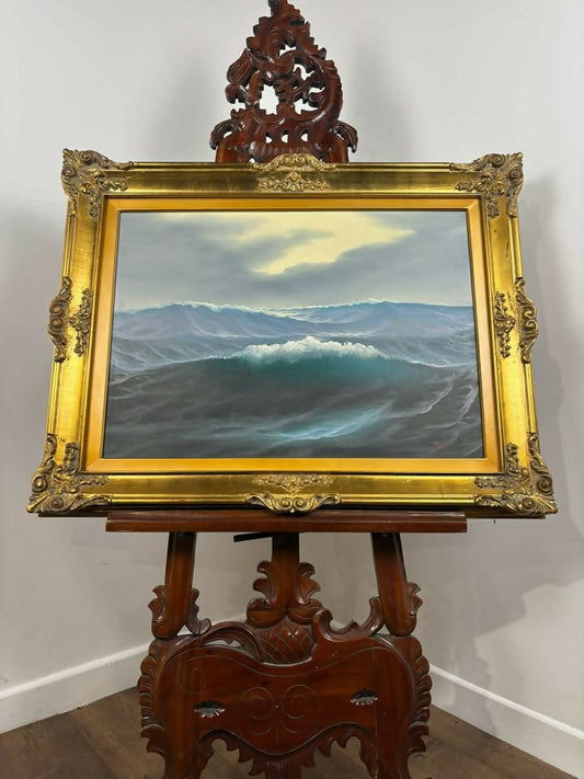 Oil on Canvas Seascape Painting – Signed “Sauli” – Ornate Gilt Frame