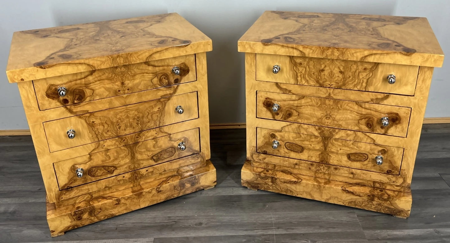 Vintage French Art Deco Burr Bedside Tables Pair | 3 Drawer Nightstands | French Design | Nickel Knobs | Elegant Veneer Finish | Lot 4233