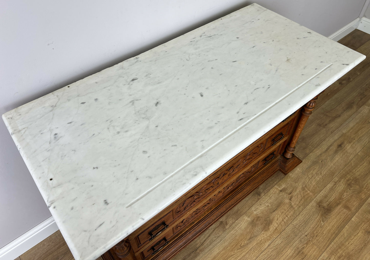 Chest of Drawers Antique French Style Oak Marble Top Carved Cabinet LOT 6450