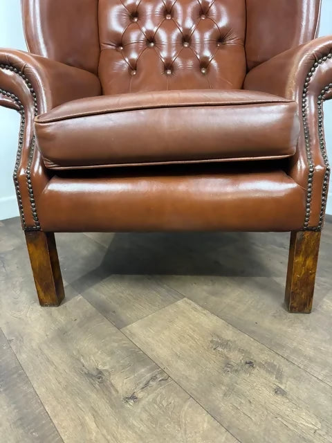 Tan Leather Chesterfield Style Wingback Armchair
