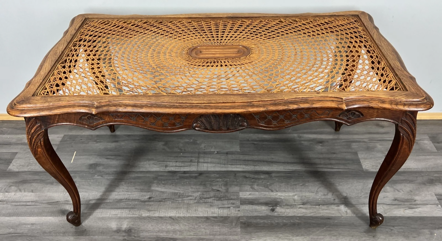 Coffee Table Vintage French Louis XV Cane Top Oak Carved Table LOT 3861