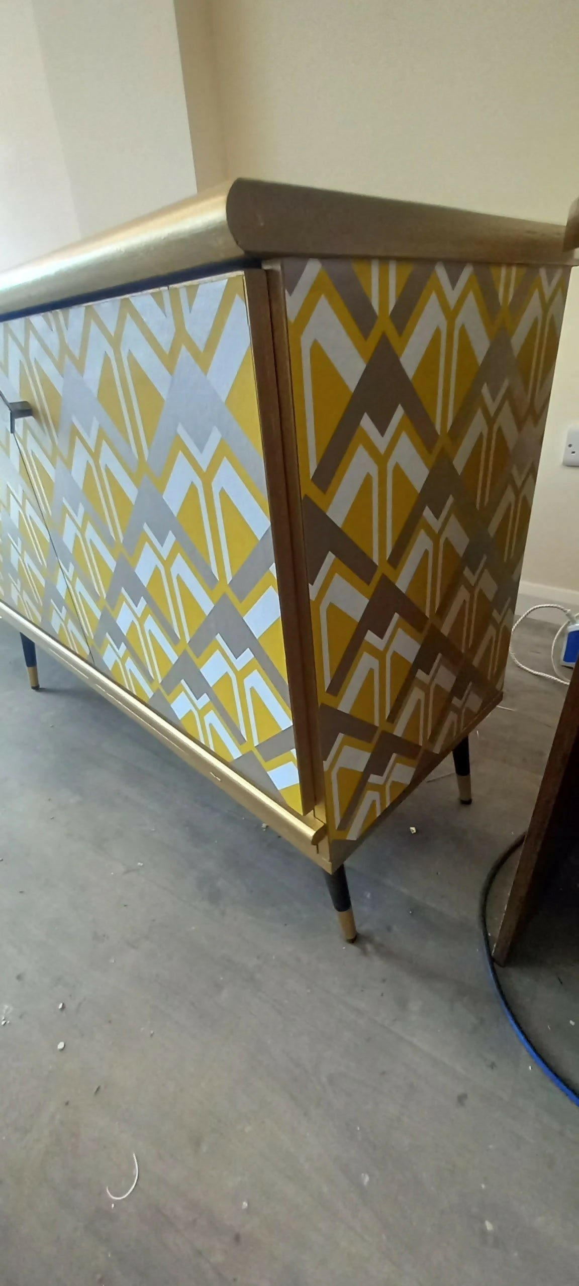 Mid century Upcycled Sideboard: Geometric Yellow Gold Print TV Unit Commission Piece.