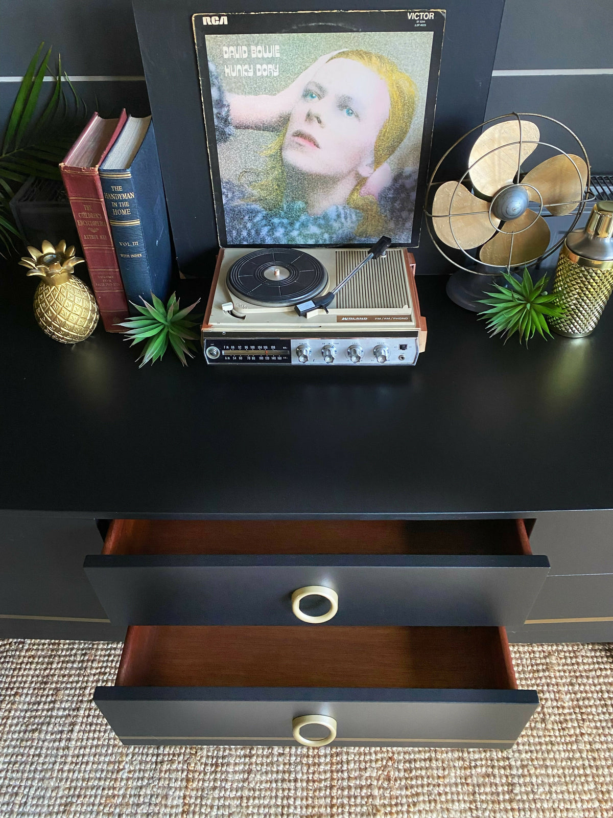 Sideboard With Drawers, TV Cabinet, Black Low And Wide, Mid Century.