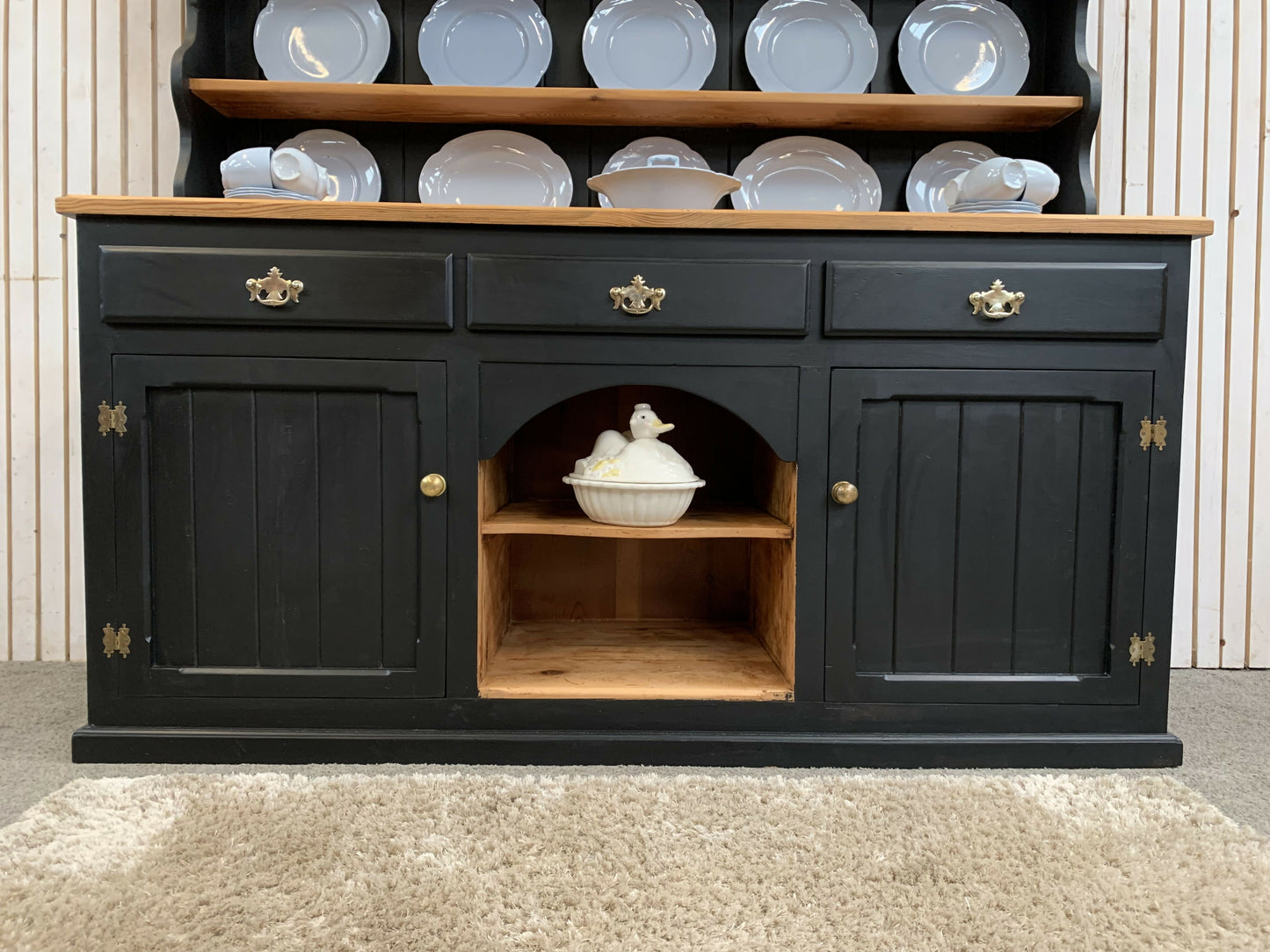 Painted Black upcycled Pine country farmhouse large 2 DOOR Welsh Dresser.