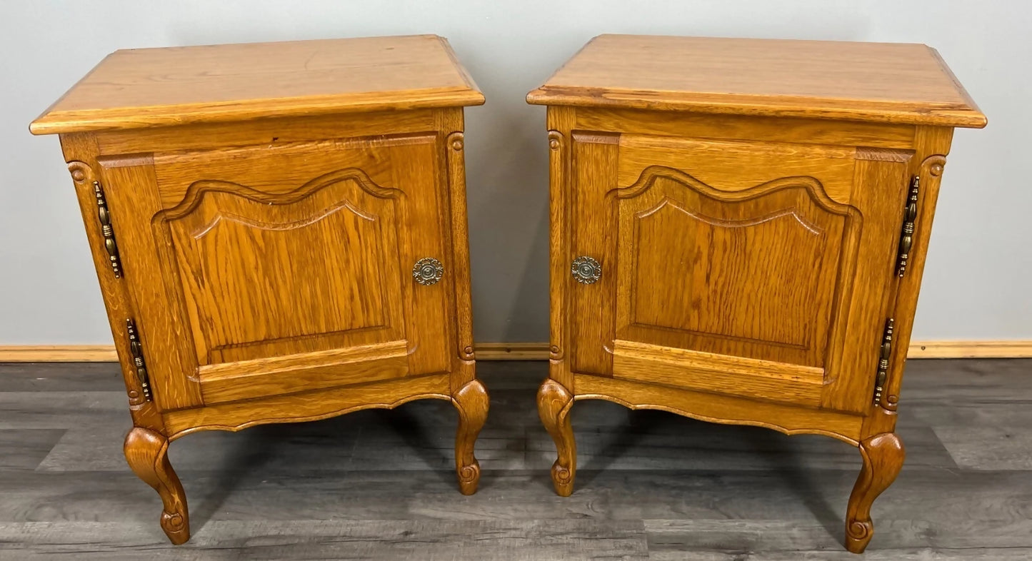 Pair of Bedside Tables Vintage French Louis Oak Nightstands Cabinets LOT 3517