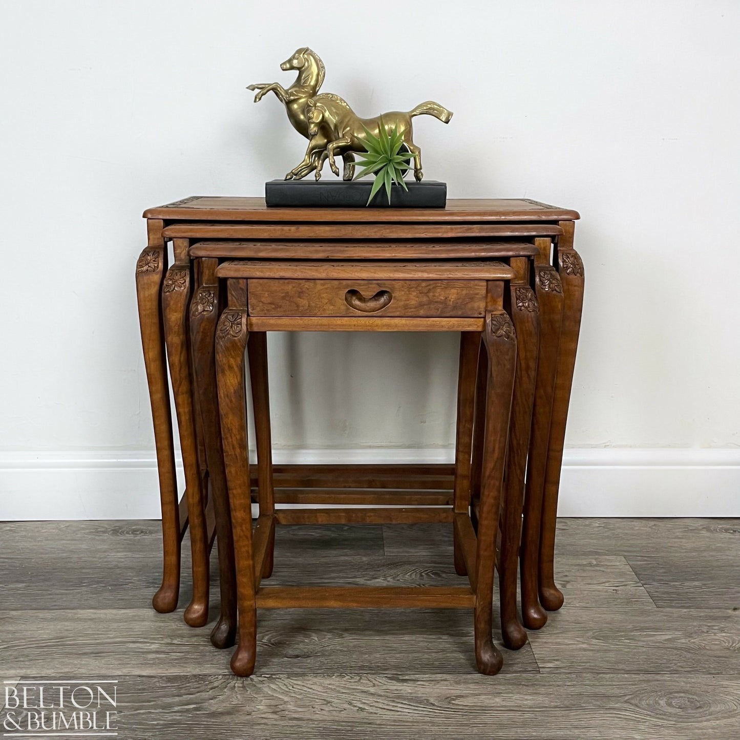 Set of Four Ornate Nesting Tables with Drawer Detail