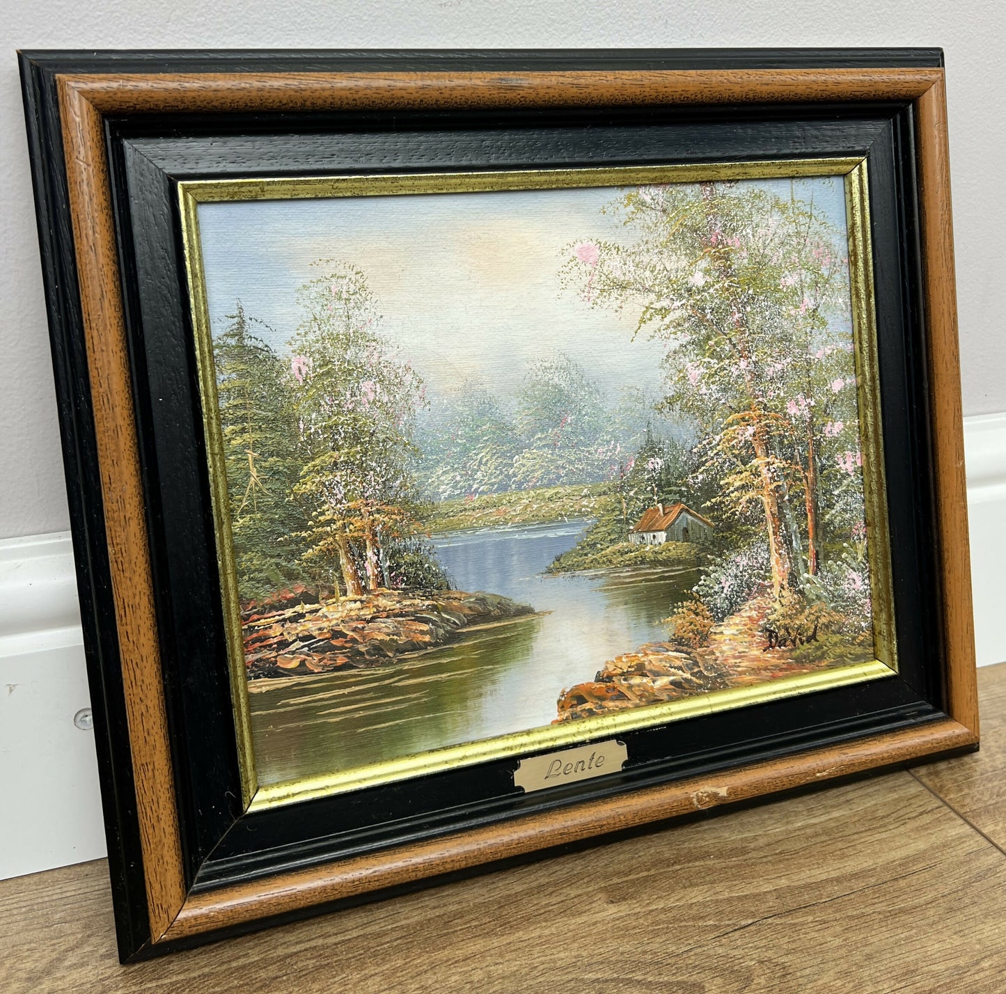 Painting Vintage French Style Signed Landscape Lake Cottage Framed LOT 6469