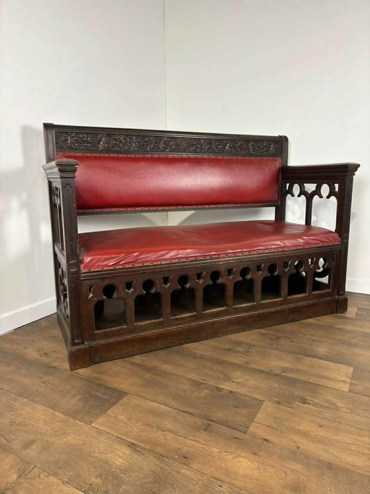 Victorian Carved Oak Gothic Revival Bench Settle