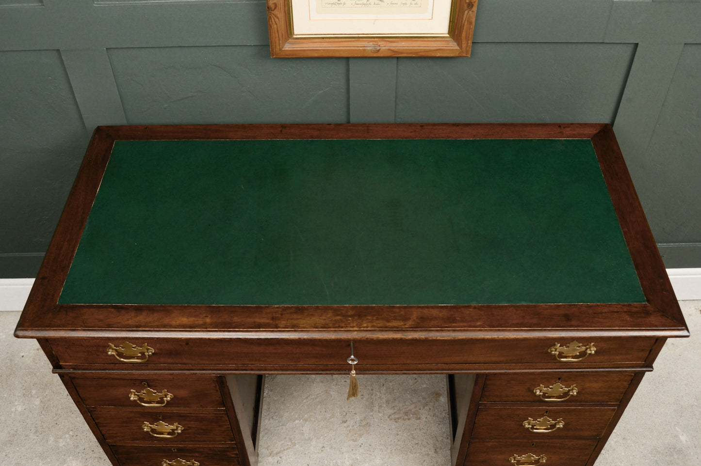 Victorian Oak Pedestal Desk with Full Width Drawer & Green Top