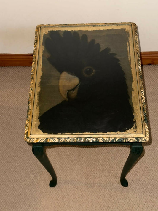 Hand Painted Decoupage Side Table with Glass Top – One of a Kind Green Parrot Design