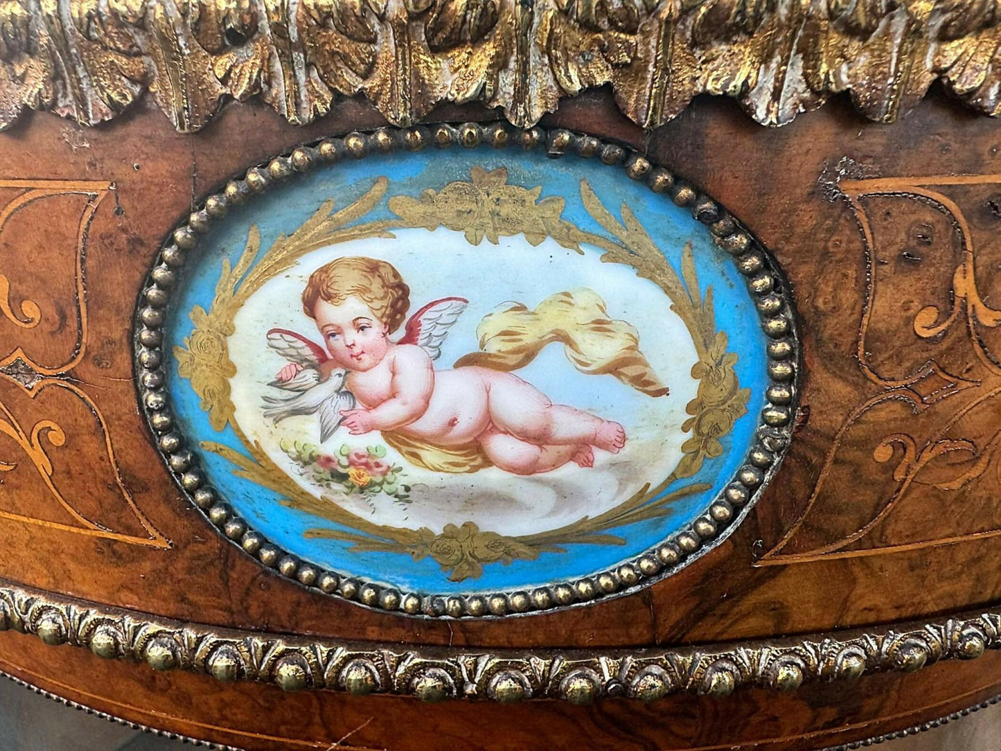 Victorian Inlaid Walnut Credenza Featuring Sevres Style Plaques