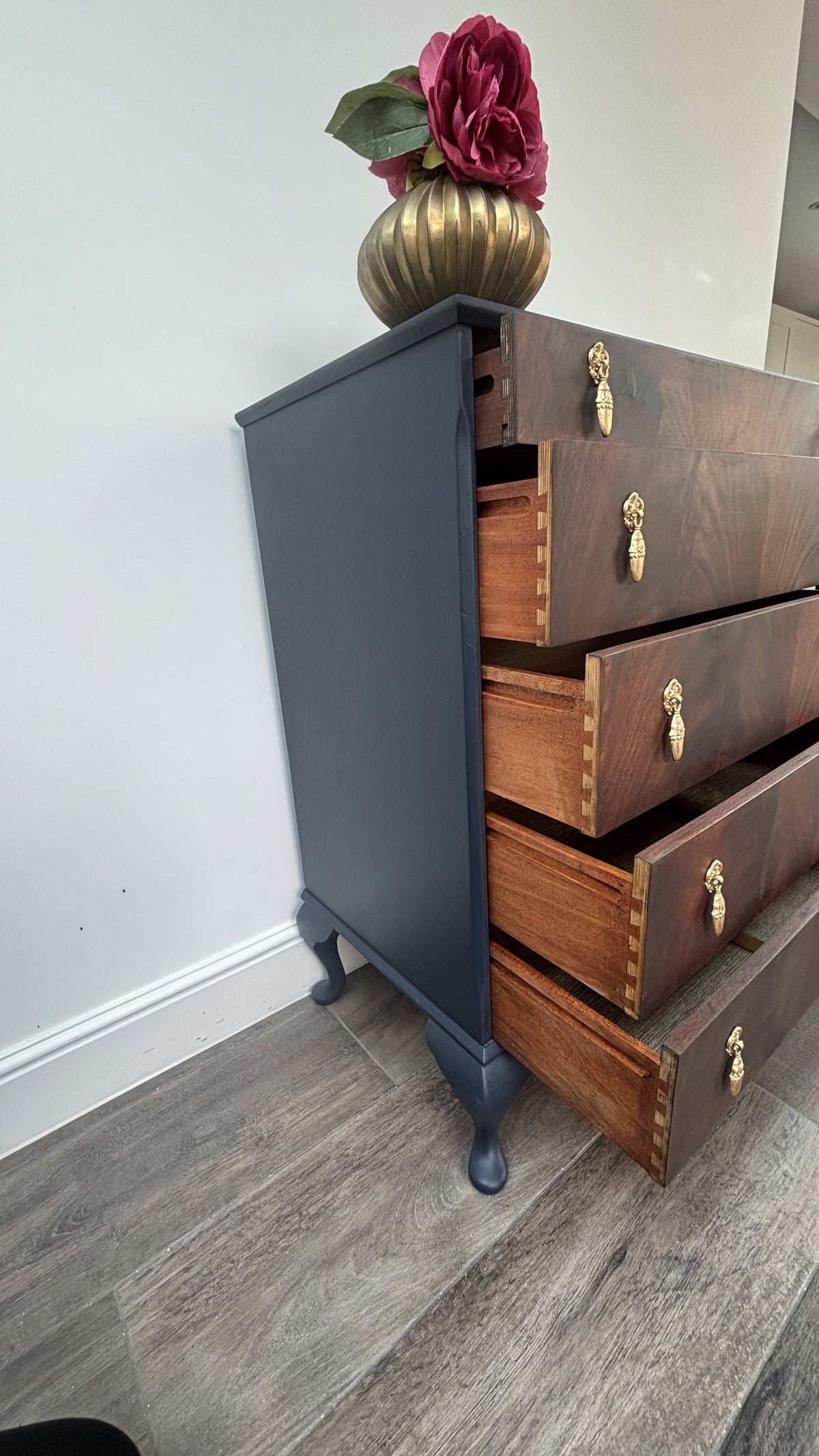 Vintage Navy Blue Flame Mahogany Dresser | Refurbished 5-Drawer Chest of Drawers | Brass Hardware Queen Anne Furniture