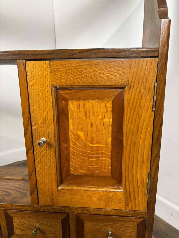 Vintage Oak & Mahogany Cross Banded Wall Shelves with Cupboards