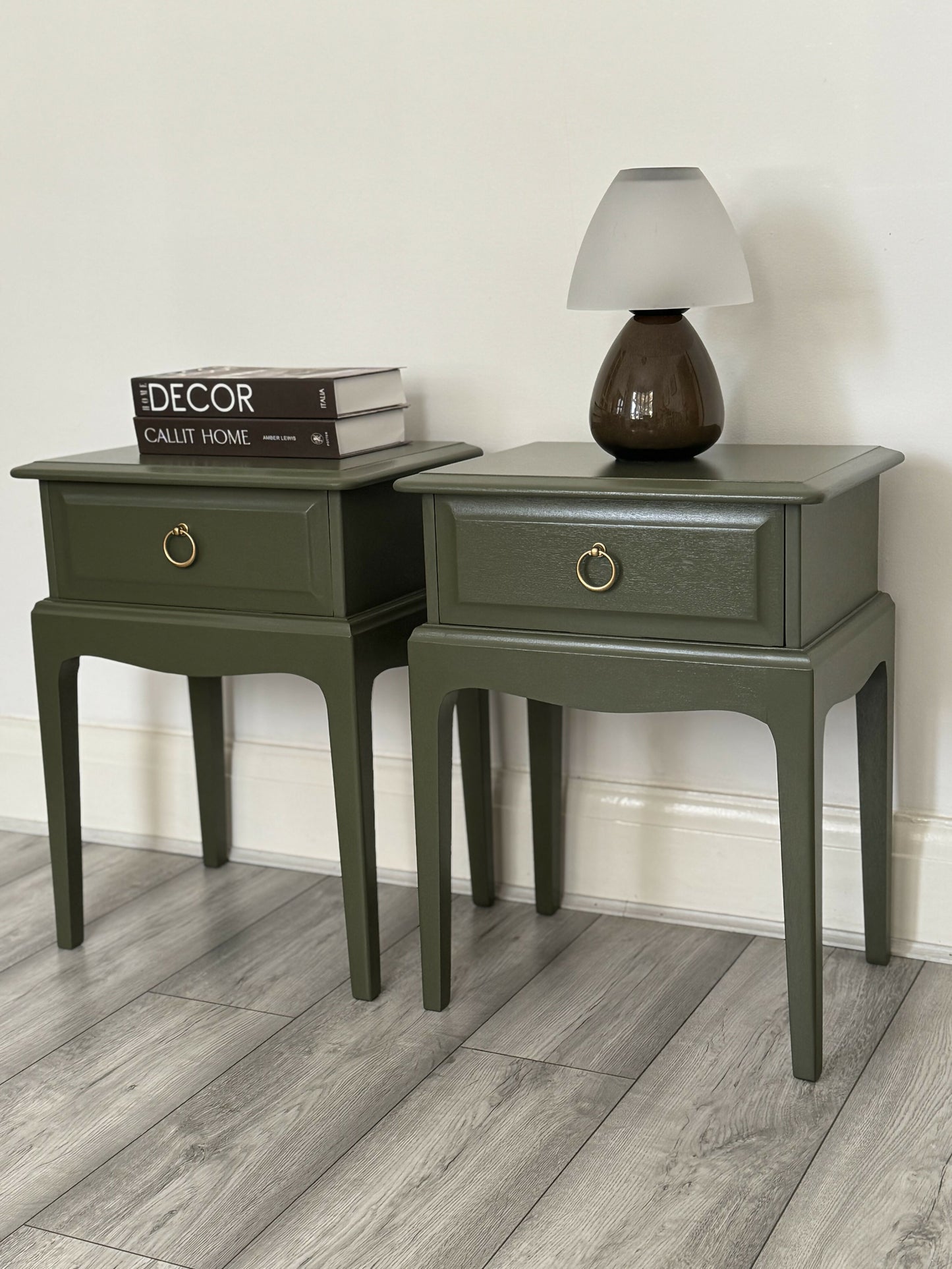 Pair Of Vintage Stag Minstrel Bedside Tables Cabinets Leggy ,Olive Green Elegance , Painted In Fusion Mineral Paint