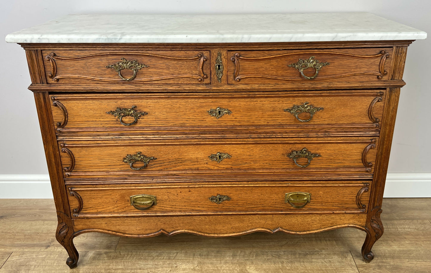 Chest of Drawers Antique French Oak Marble Top 5 Drawers Carved Cabinet LOT 6279
