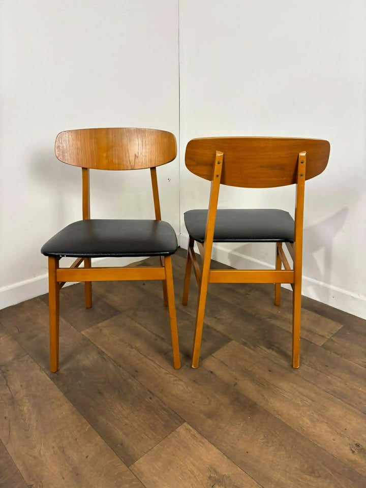 Pair of Mid Century Teak Chairs with Black Upholstery