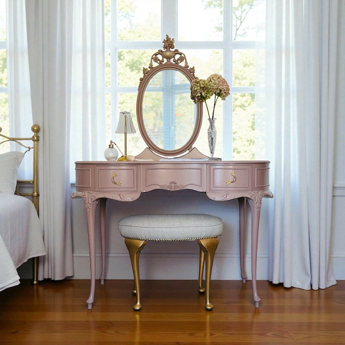 French Olympus Dressing table with stool , Hand Painted In Dusty Pink From Fusion Mineral Paint Damask