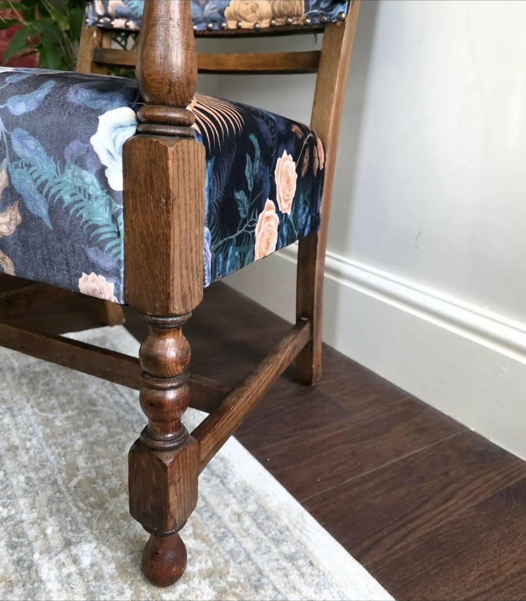 Antique Oak Framed Small Chair Child's Chair, Becca Who Velvet New Upholstery