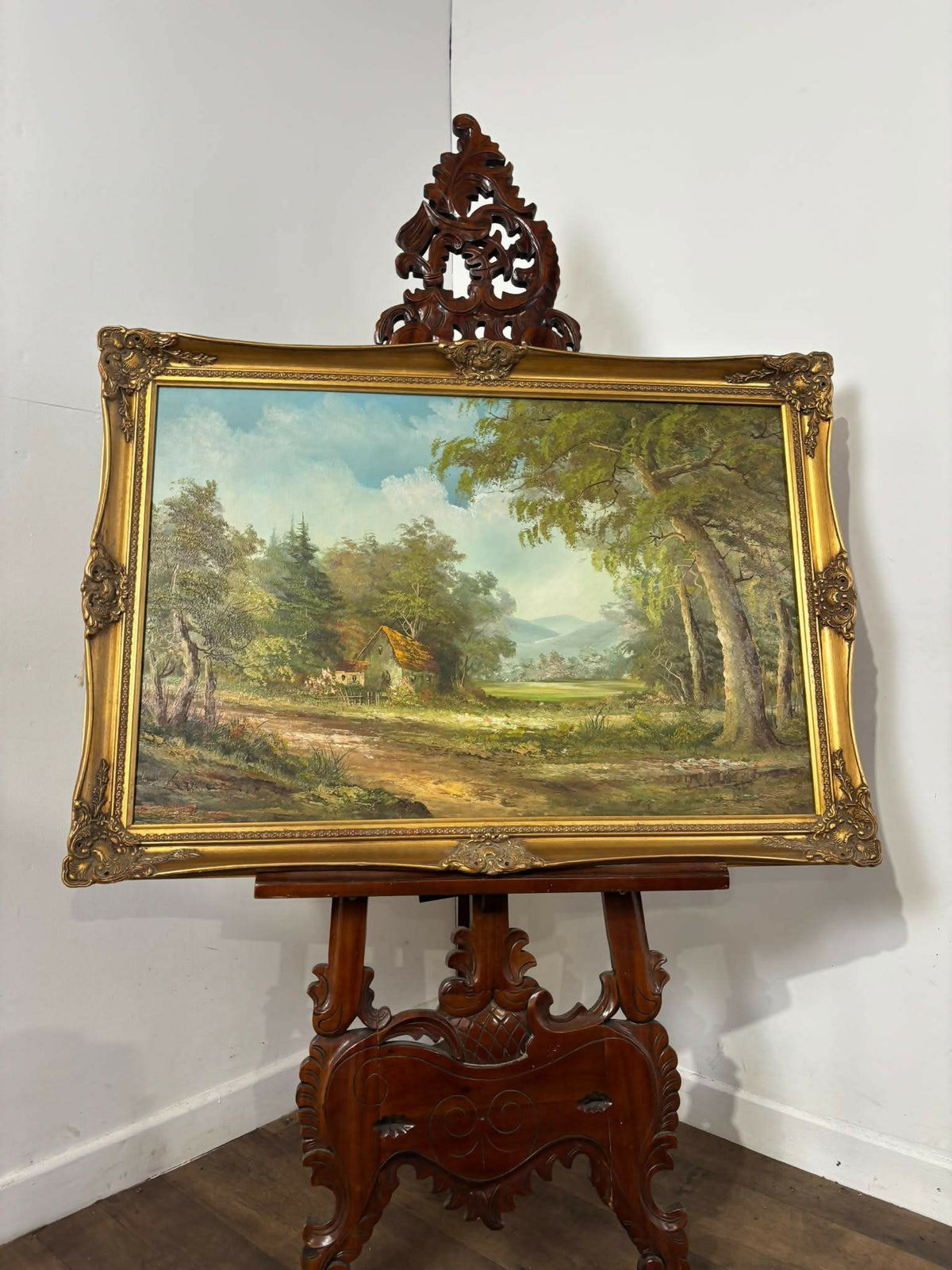 Large Signed Oil on Canvas – Woodland Cottage Landscape in Ornate Gilt Frame