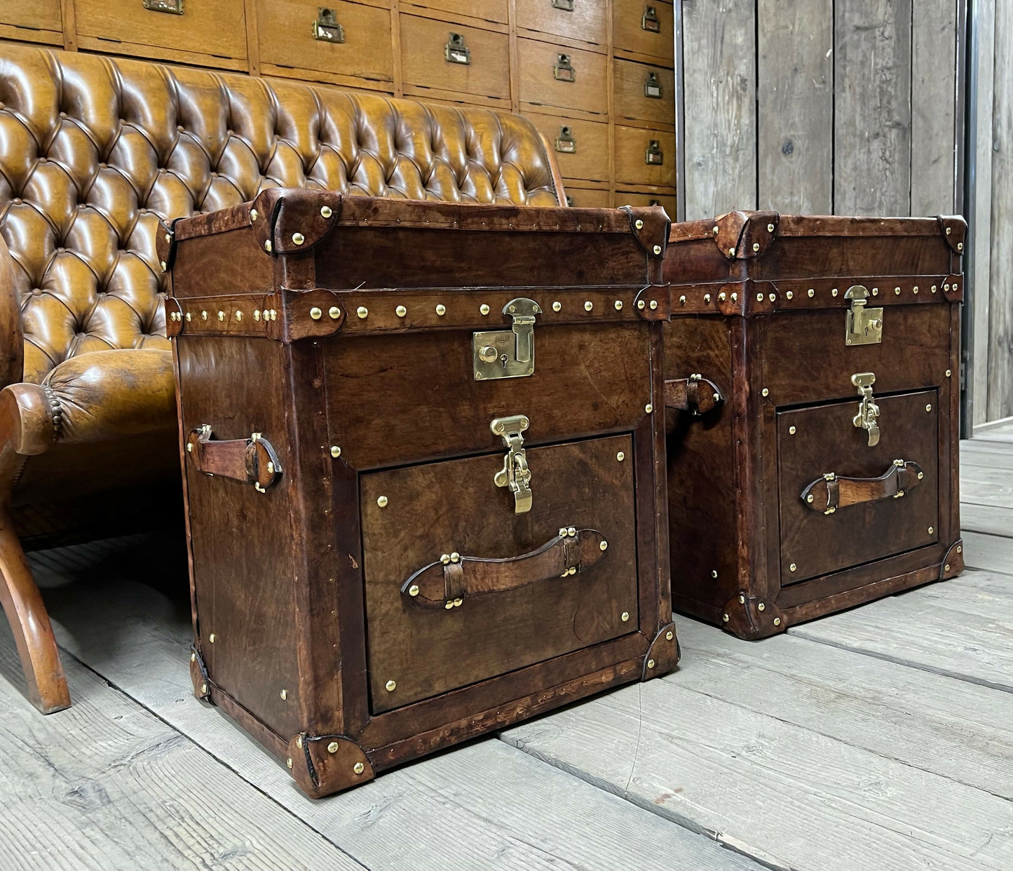 English Bridle Vintage Leather Side Table Trunk - Handmade Bedroom Furniture Pair Bespoke Chest