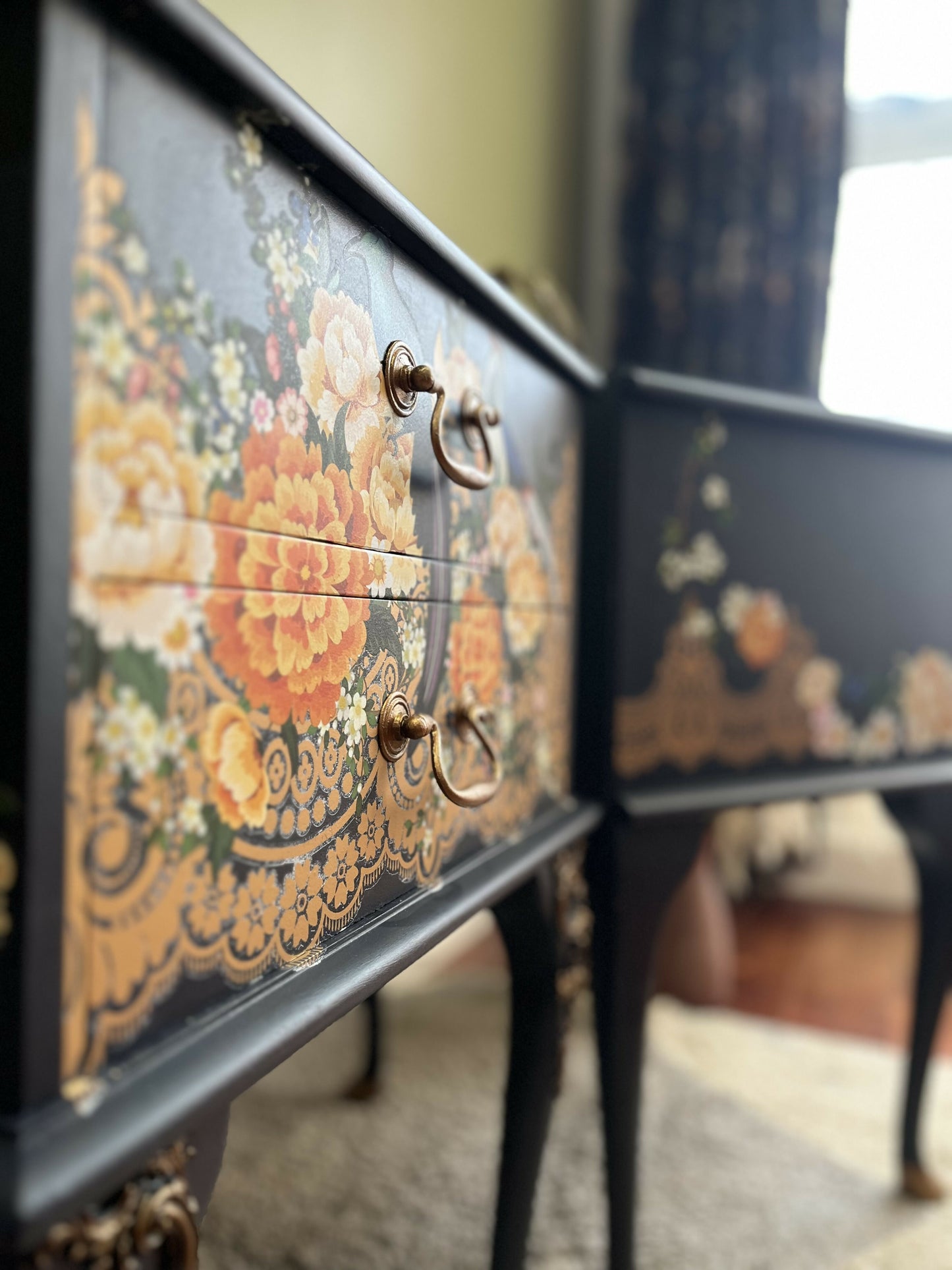 Pair of Blue French upcycled Bedside table with Pheasants and peonies design.