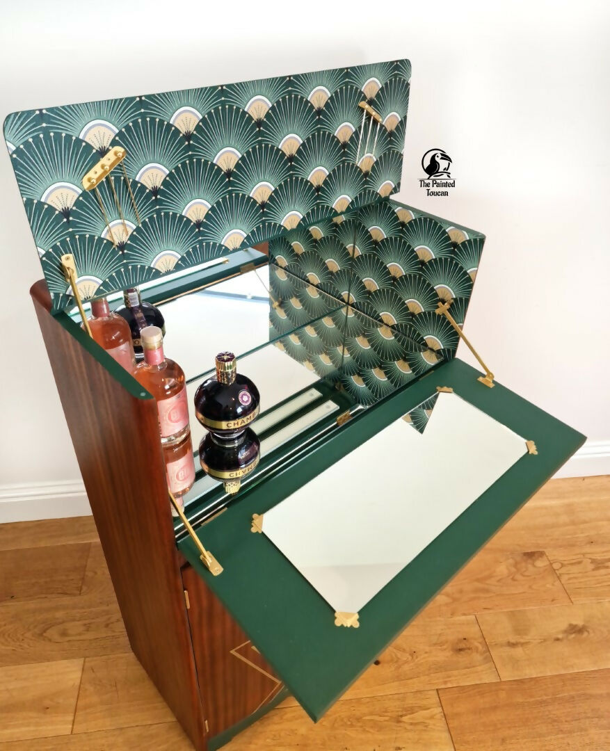 Art Deco Cocktail Cabinet | Green & Gold | Restored Vintage Drinks Cabinet