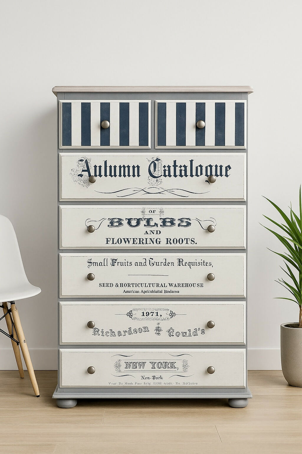 Add rustic charm to your home with this hand-painted vintage farmhouse chest of drawers. Featuring distressed stripes, botanical typography, and a natural waxed wood top, it’s perfect for shabby chic or cottagecore interiors. Five roomy drawers offer stylish storage with timeless character. A one-of-a-kind upcycled piece full of charm and elegance.