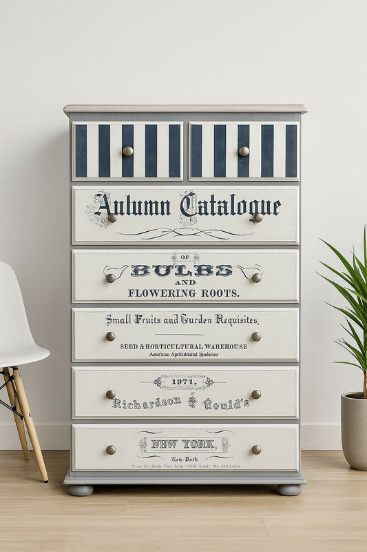 Add rustic charm to your home with this hand-painted vintage farmhouse chest of drawers. Featuring distressed stripes, botanical typography, and a natural waxed wood top, it’s perfect for shabby chic or cottagecore interiors. Five roomy drawers offer stylish storage with timeless character. A one-of-a-kind upcycled piece full of charm and elegance.