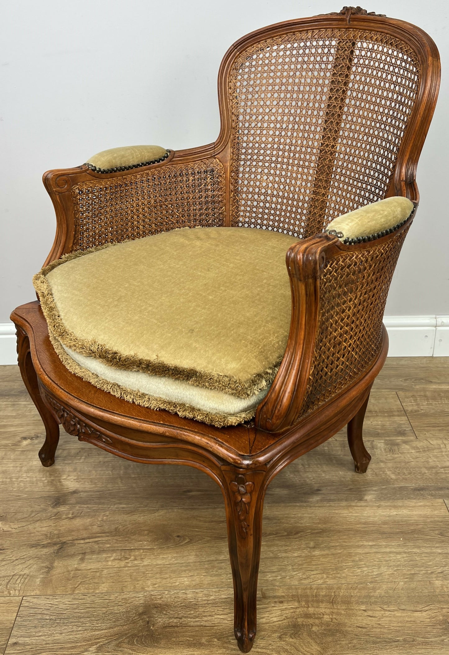 Armchair Vintage French Style Cane Upholstered Accent Carved Chair LOT 6311