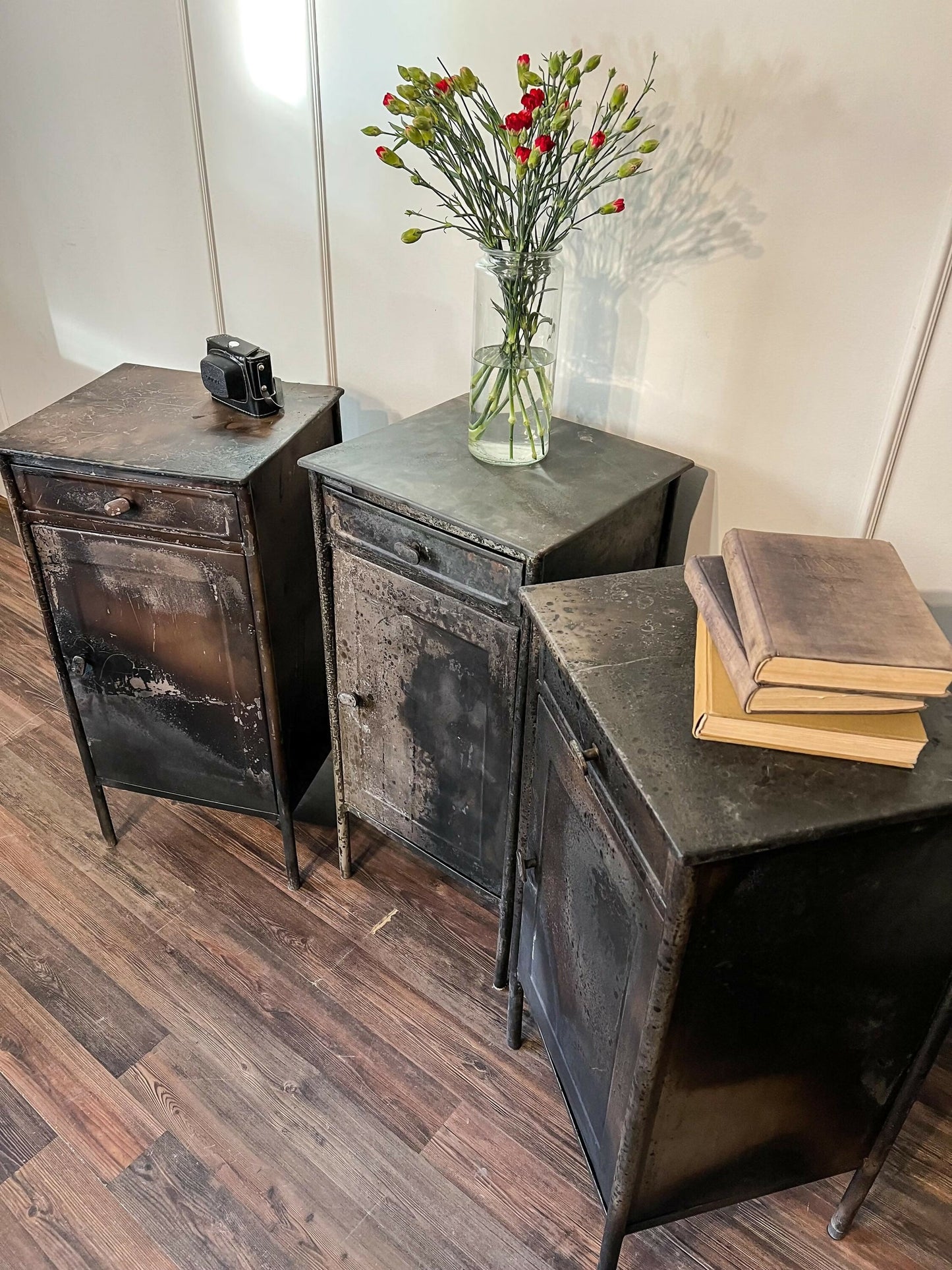 Vintage Industrial Metal Cabinet – French Steel Locker Nightstand – Military Storage Side Table – Loft Bedside Cabinet Rustic Furniture