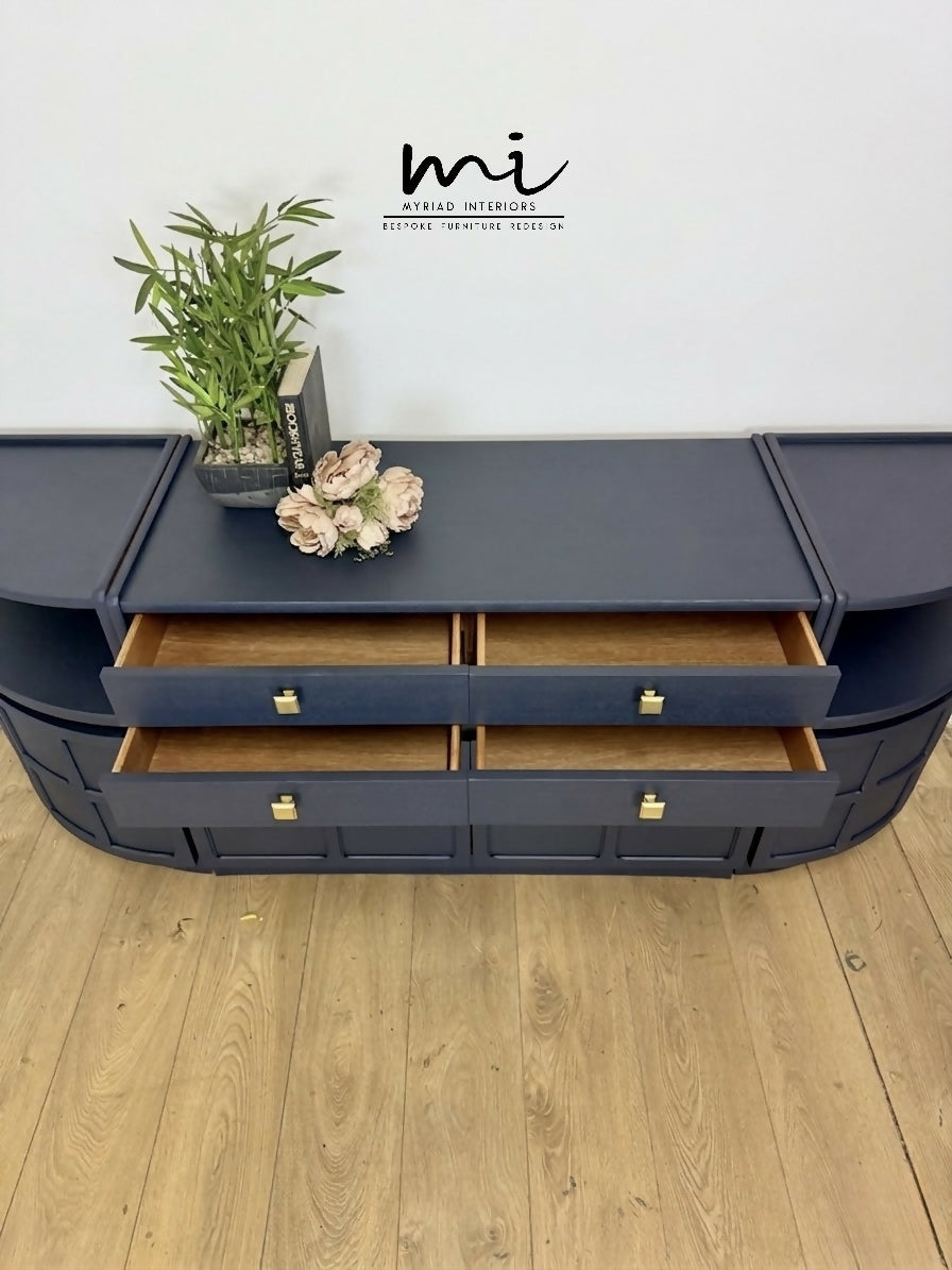 Mid Century Nathan teak modular sideboard set in navy blue, tv stand, media unit, retro corner cupboard, console, cocktail cabinet drinks