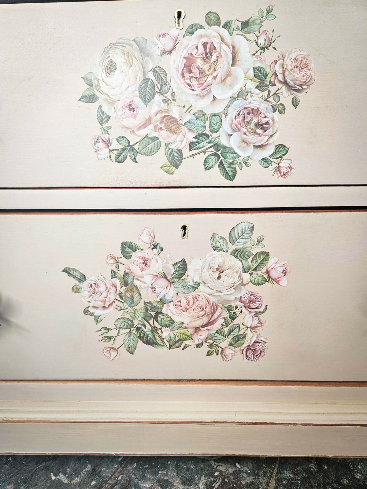 Large Upcycled wooden Chest of Drawers, with floral transfers and glass top