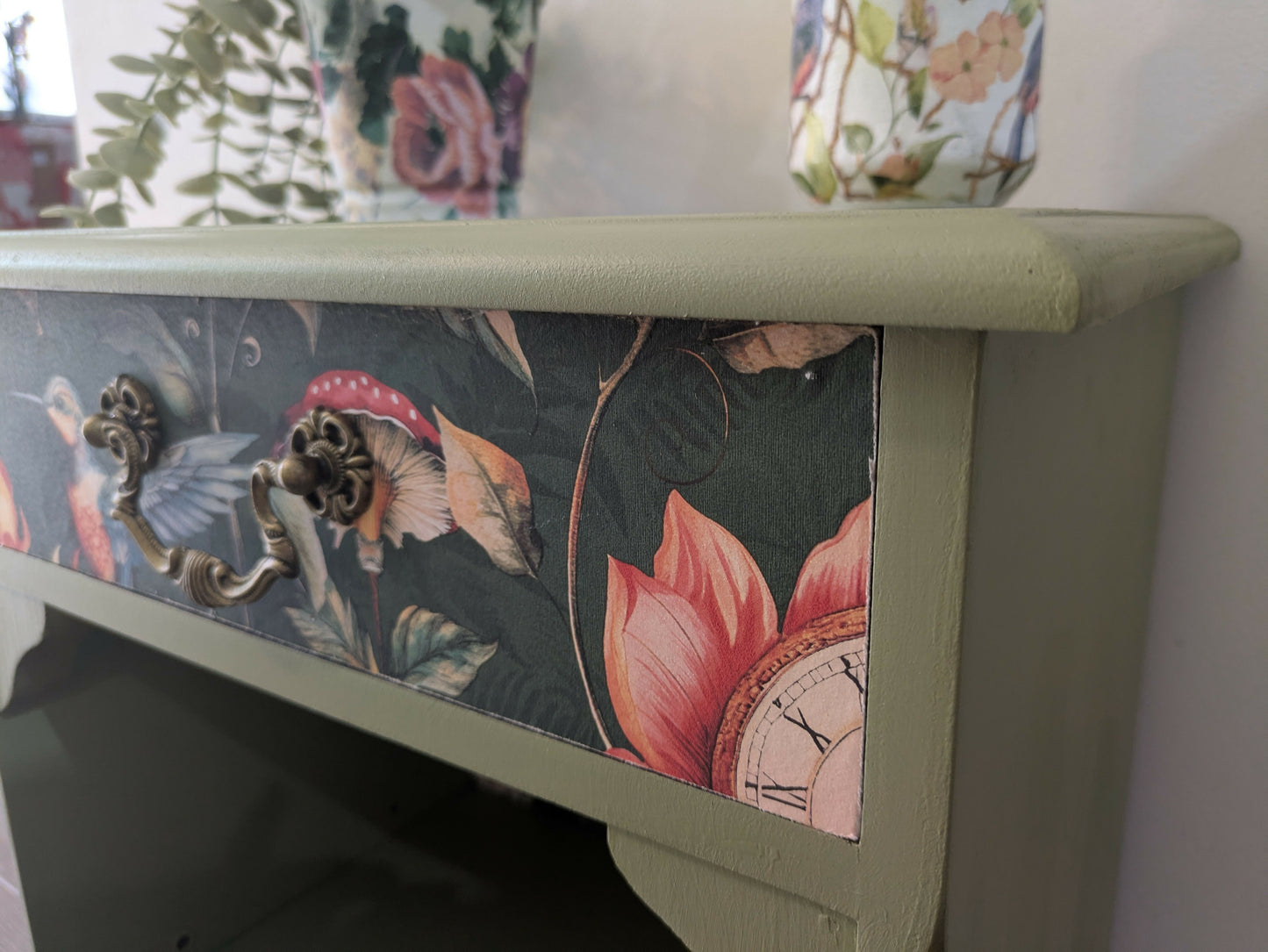 Sage Green Upcycled Cabinet – Whimsical Botanical Interior Bookcase//