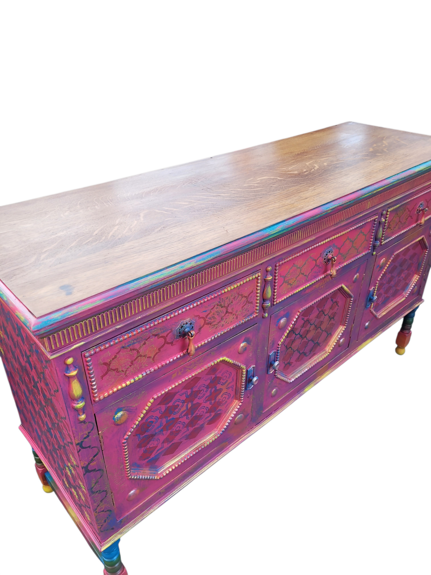 Boho Statement Cabinet. Hand Painted Vintage Sideboard. Colourful One of a Kind Furniture.